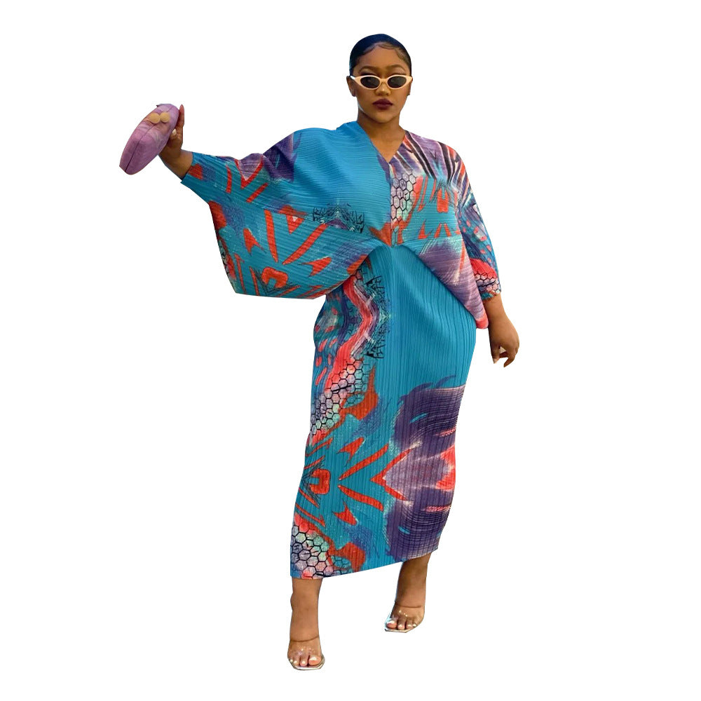 Women'S Fall V-Neck Bat Sleeves Print Dress 19