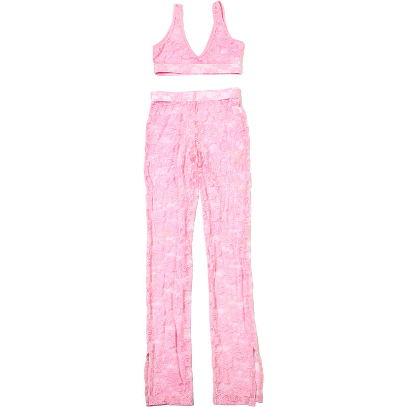 Women Summer Sexy Wrap Patchwork Lace Suspender Crop Top and Pants Two Piece Set 8