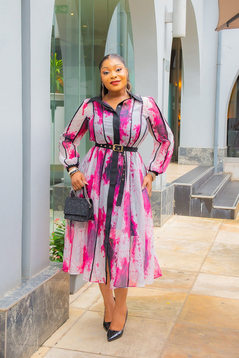 Women's Fashion Contrast Color Turndown Collar Elegant Shirt Dress