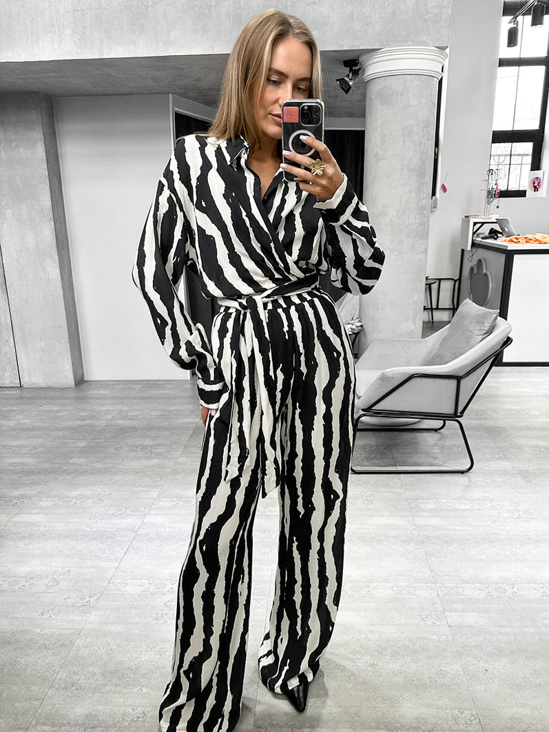 Women autumn and winter striped print long-sleeved top and trousers Two Piece Set 6