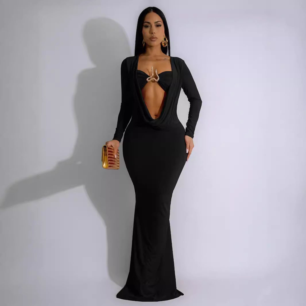 Women V-neck draped pleated long-sleeved sexy Bodycon Dress 5