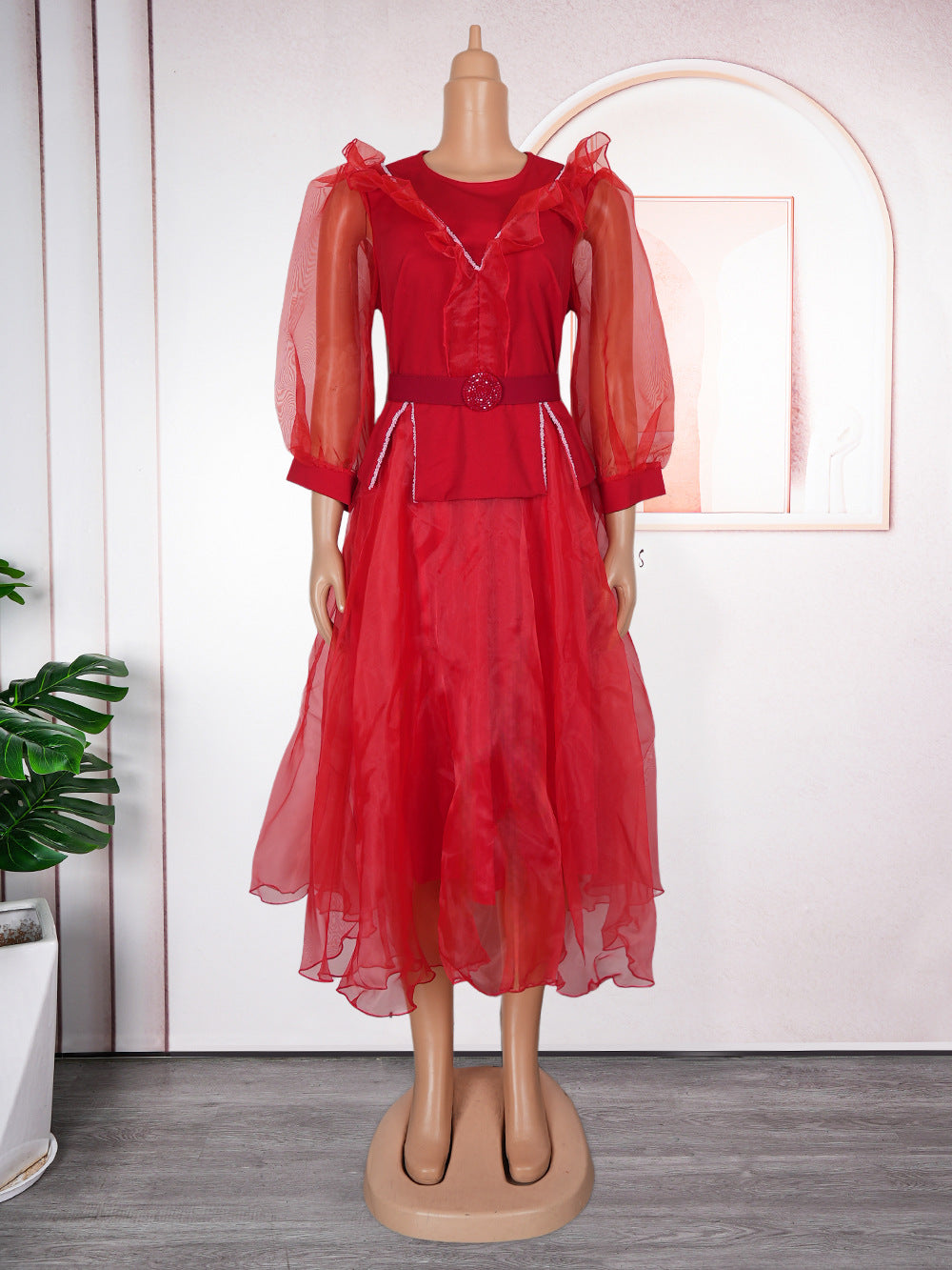 Plus-Size African Women Career Elegant Dress with Belt 10