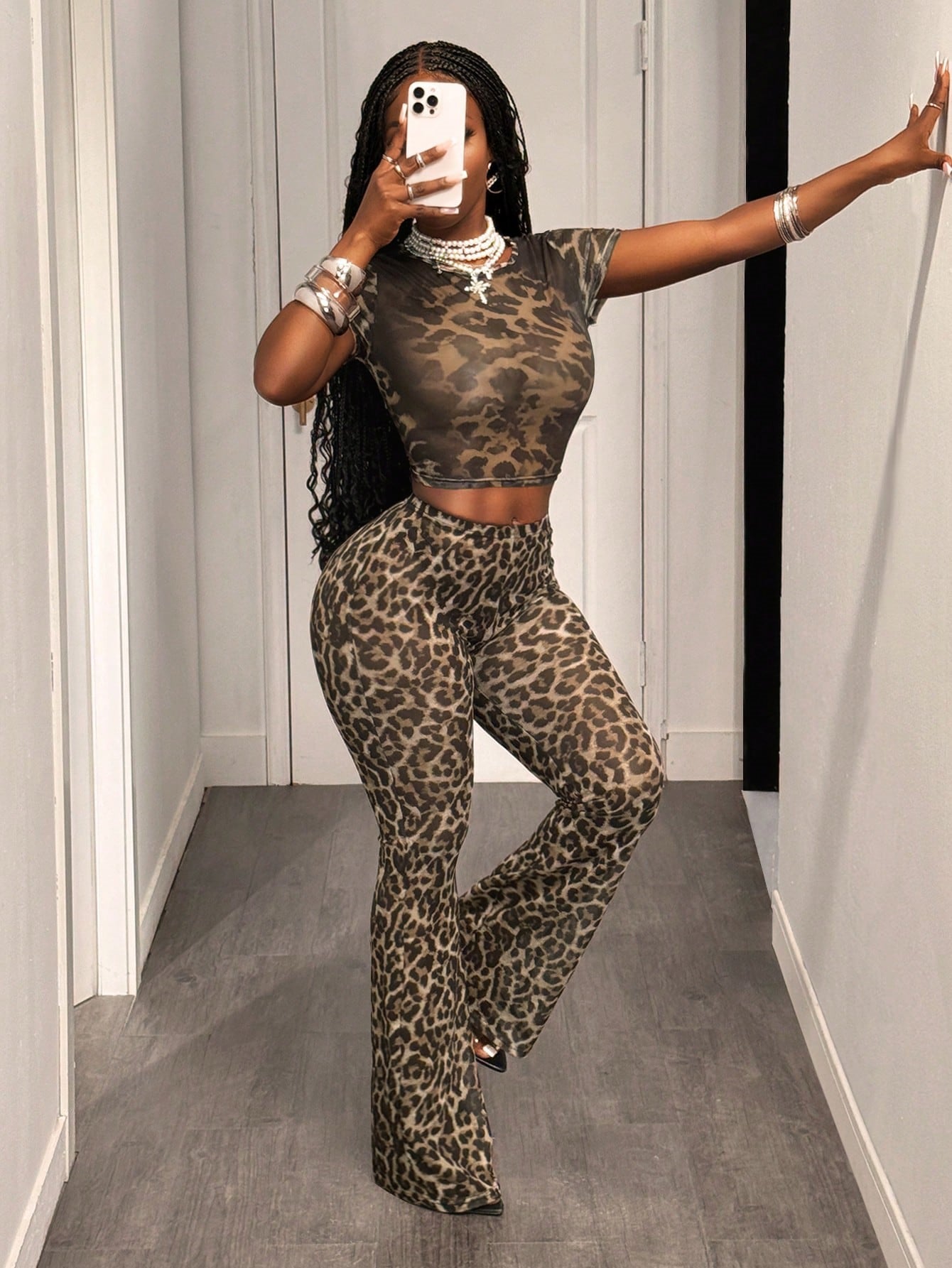 Women summer sexy semi-transparent leopard print short-sleeved top and trousers two-piece set 4