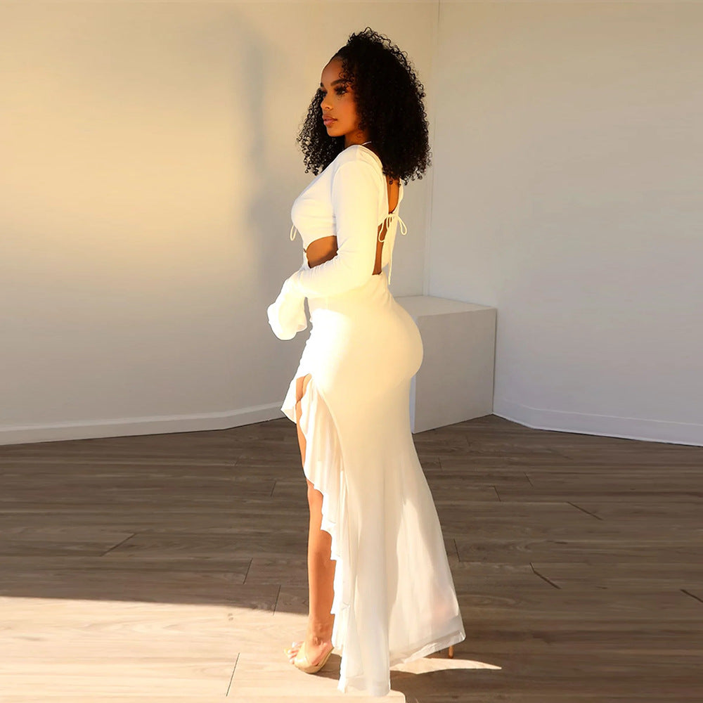 Summer Sexy Women's Clothing Long Sleeve V-Neck Lace-Up Long Dress