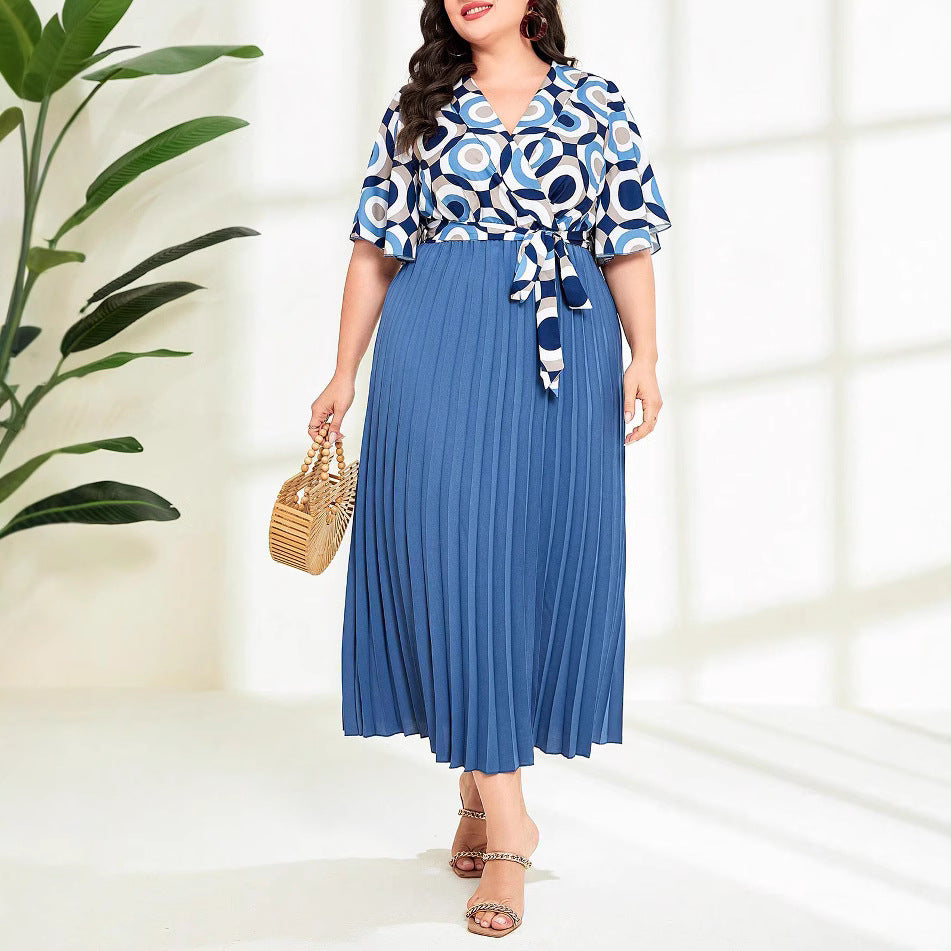 Summer Elegant Chic Patchwork Pleated Lace-Up Plus Size Women's Short Sleeve Dress 6