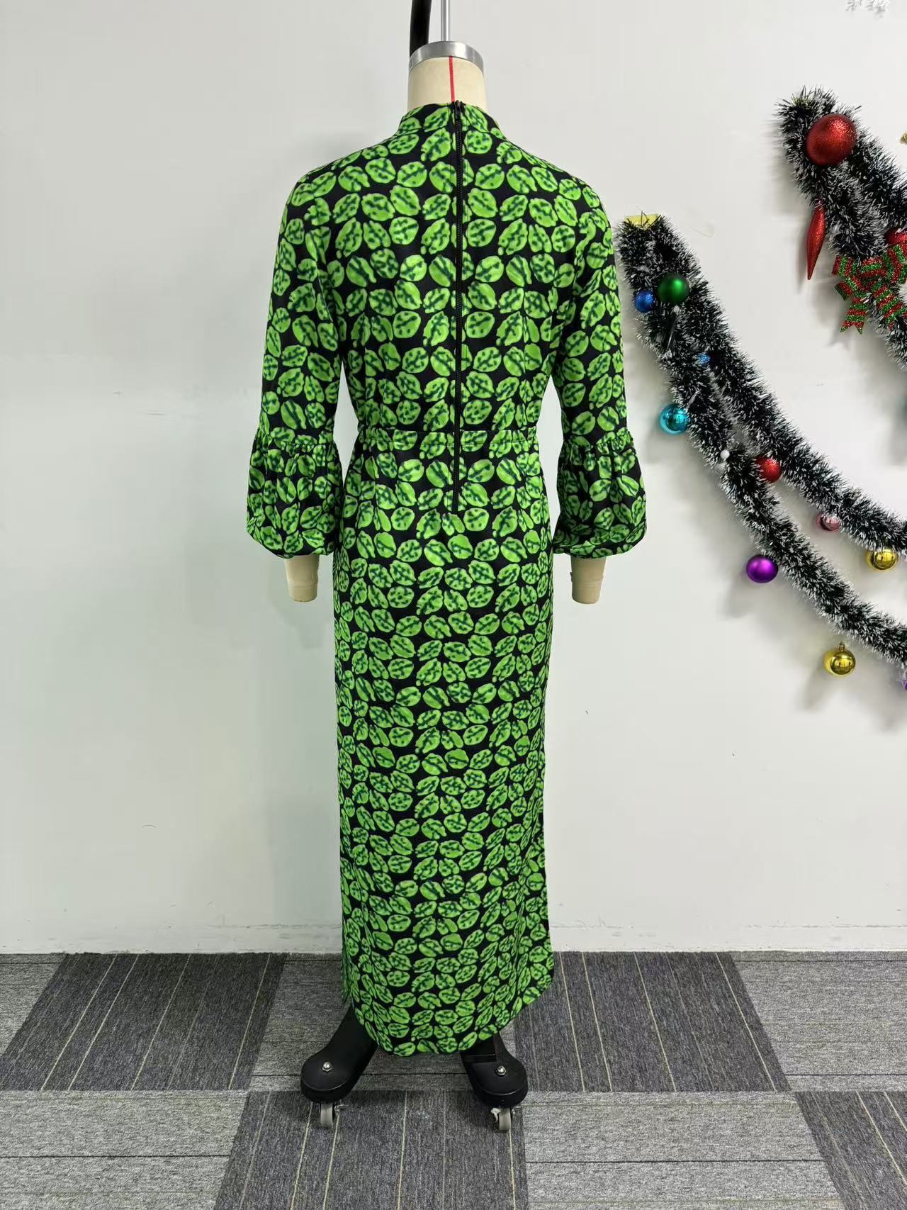 Sexy Print Drawstring Slim Waist Slit Dress 6