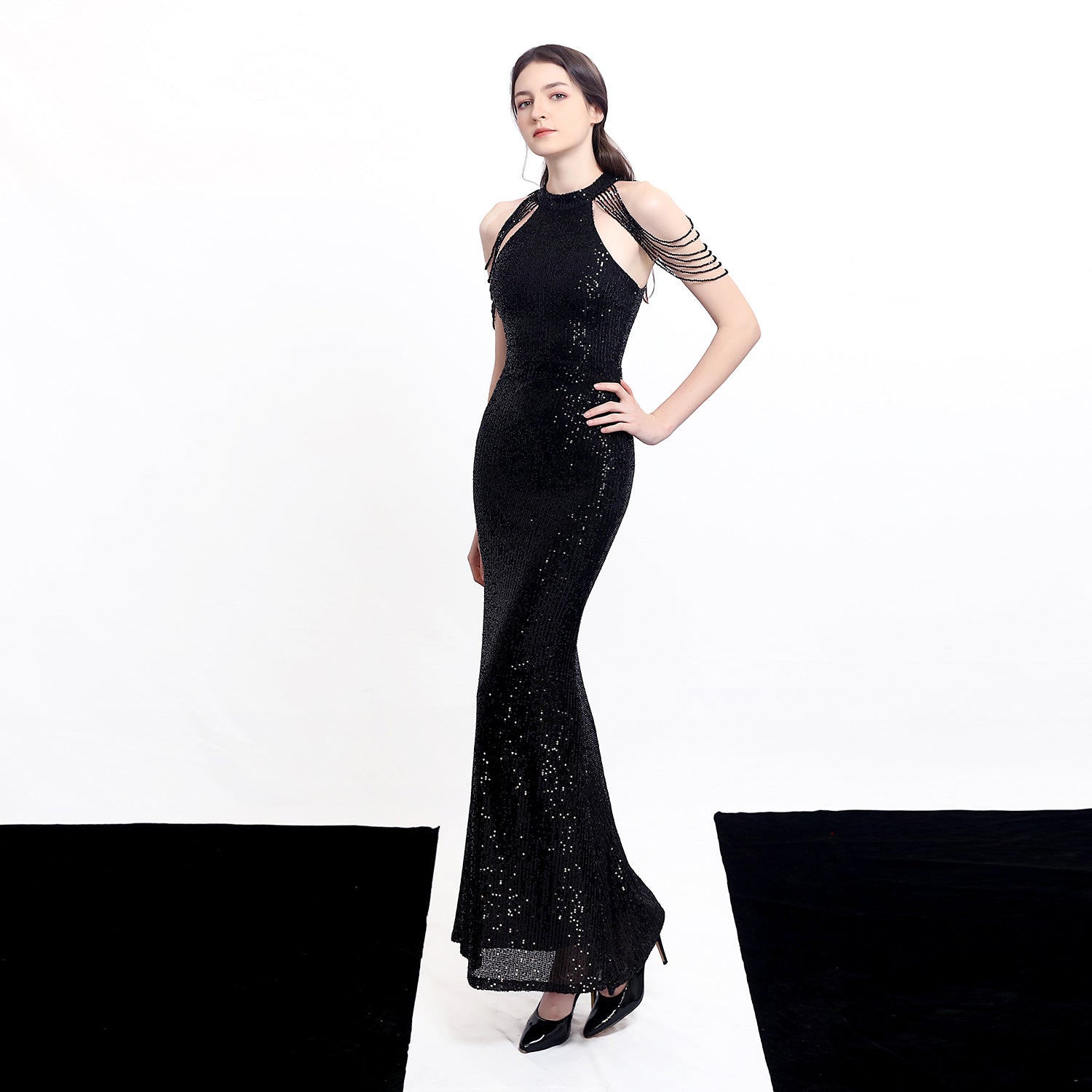 Women Elegant Long Halter Sequins Fishtail Evening Dress 11