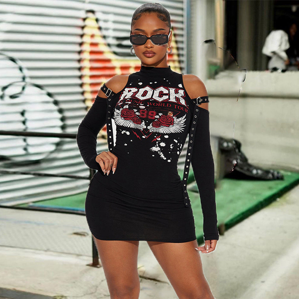 Women Spring Printed Half Turtle Neck Off Shoulder Long Sleeve Dress 3