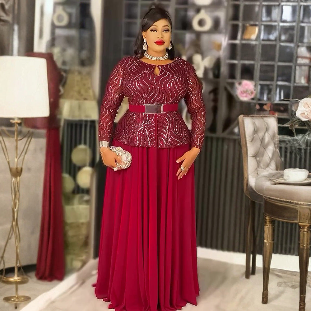 Sequin Formal Party Gown African Women's Plus Size Dress with Belt 3