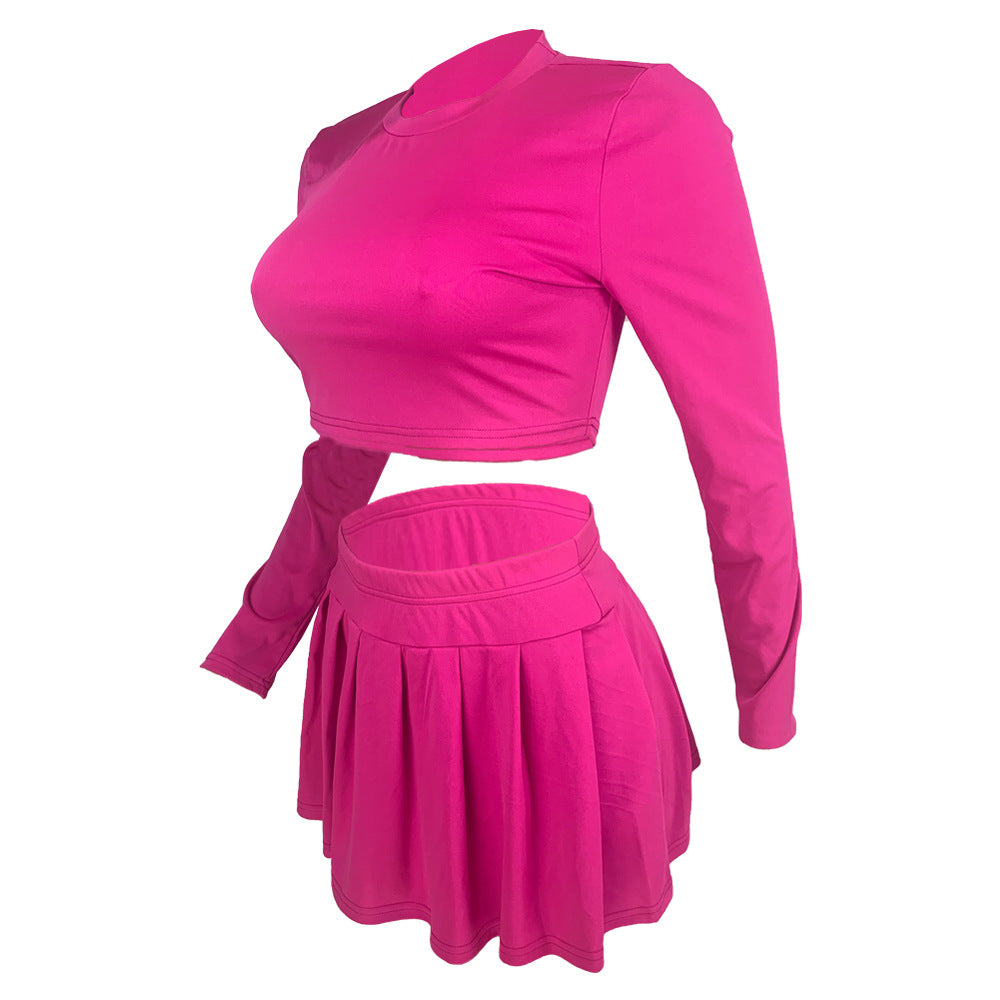 Women's fashion solid color Round Neck Crop slim long-sleeved top pleated short skirt two-piece set 11