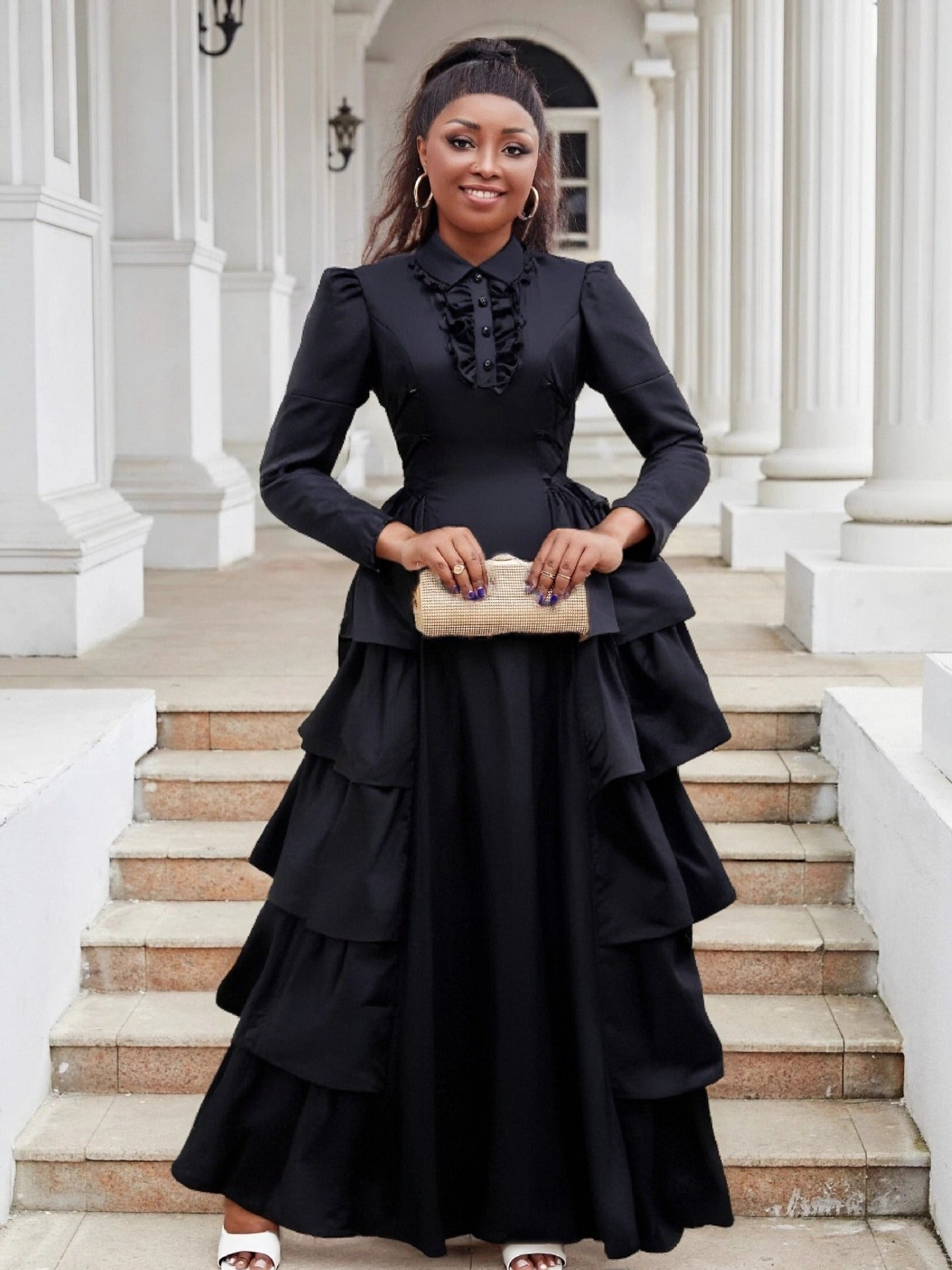 Black Ruffled Plus Size Long Cake Dress 5