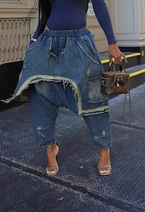 Women's Fashion Washed Ripped Loose Denim Patchwork Pants