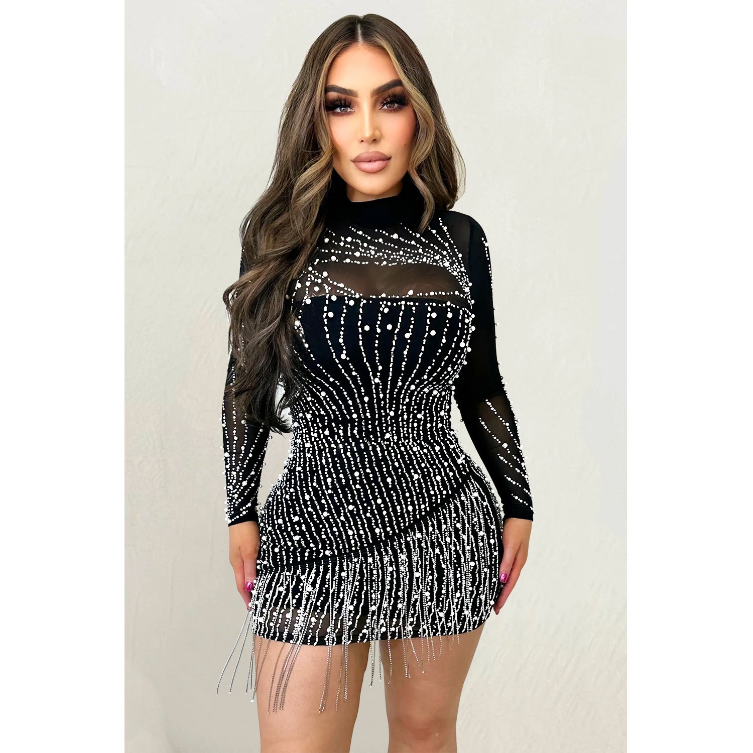 Fashion Ladies Long Sleeve Beaded Mesh See-Through Dress 3