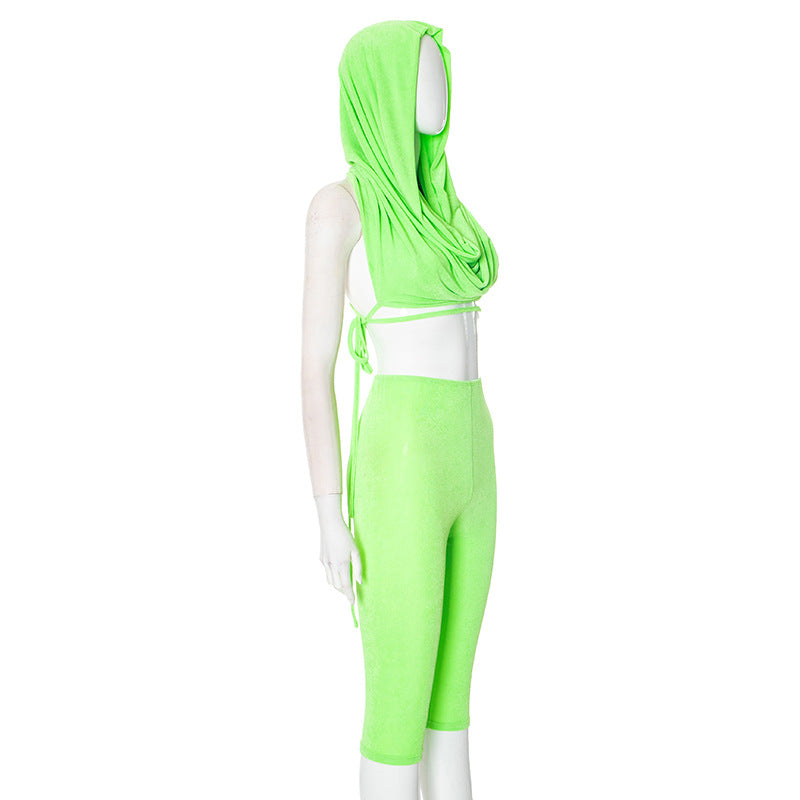 Spring Summer Hooded Top and Knee-Length Shorts Two-Piece Set for Women 12