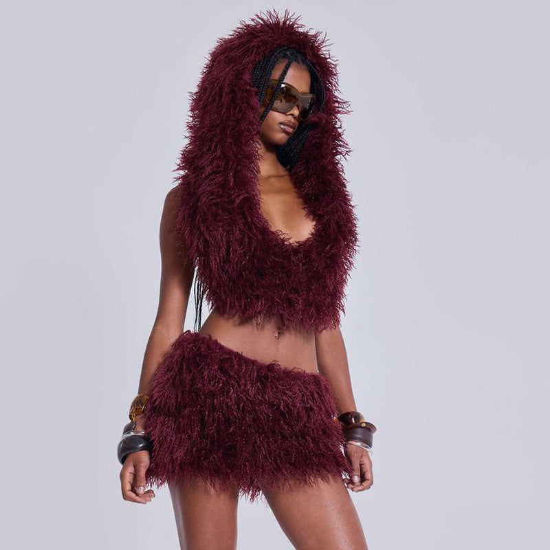 Women's Faux Fur U-Neck Hooded Low Back Top & Skirt Two-Piece Set 13