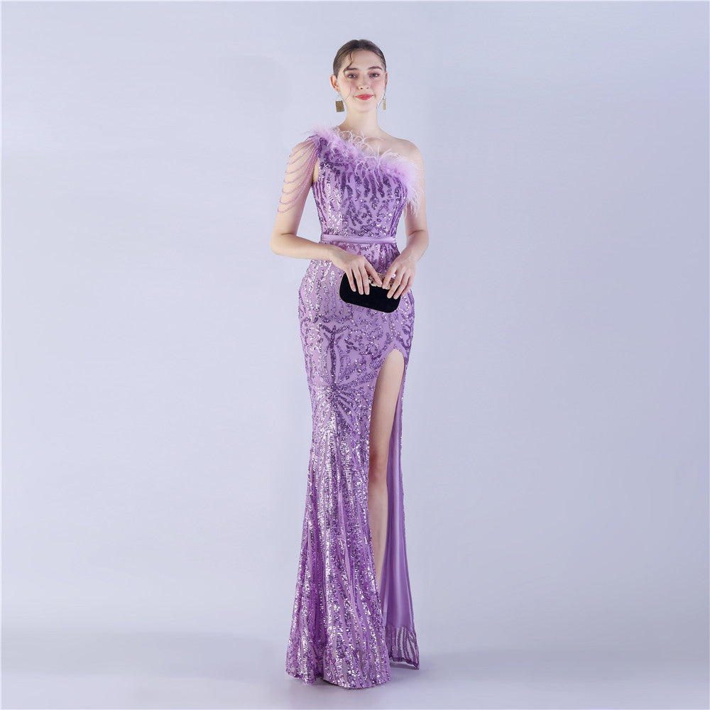 Women Elegant Beaded Ostrich Feather Slash Shoulder One Shoulder Formal Party Evening Dress 17