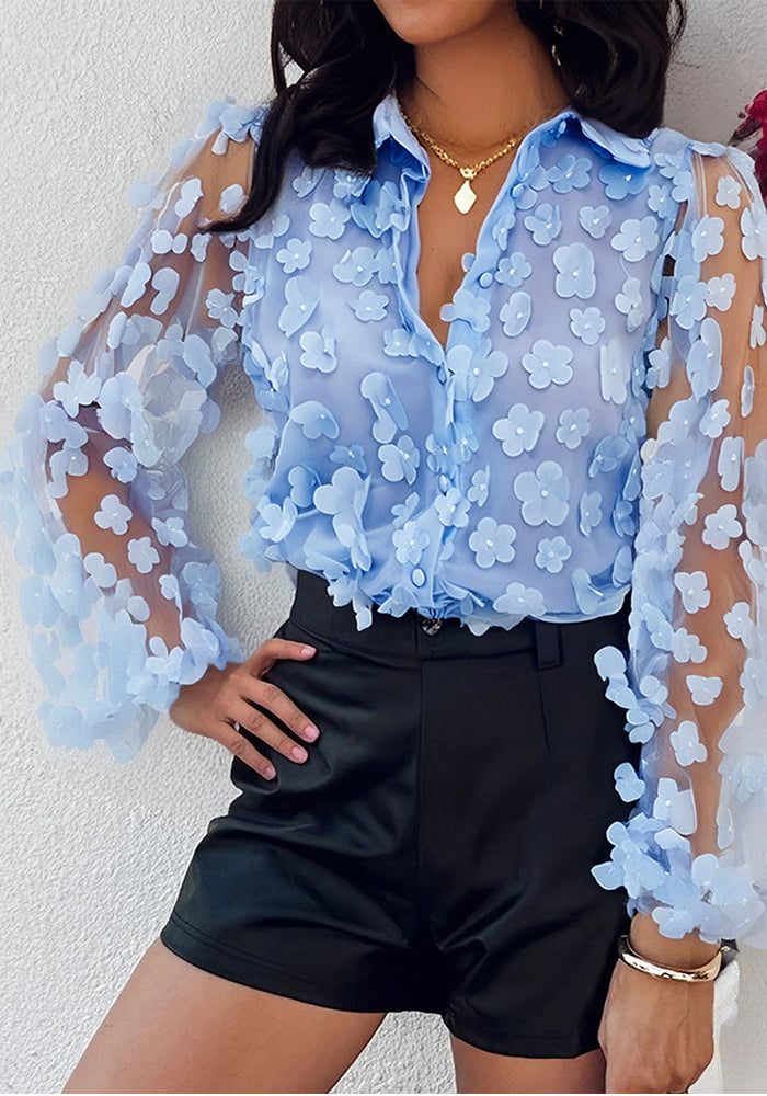 Women's Light Blue Floral See-Through Mesh Lantern Sleeve Shirt
