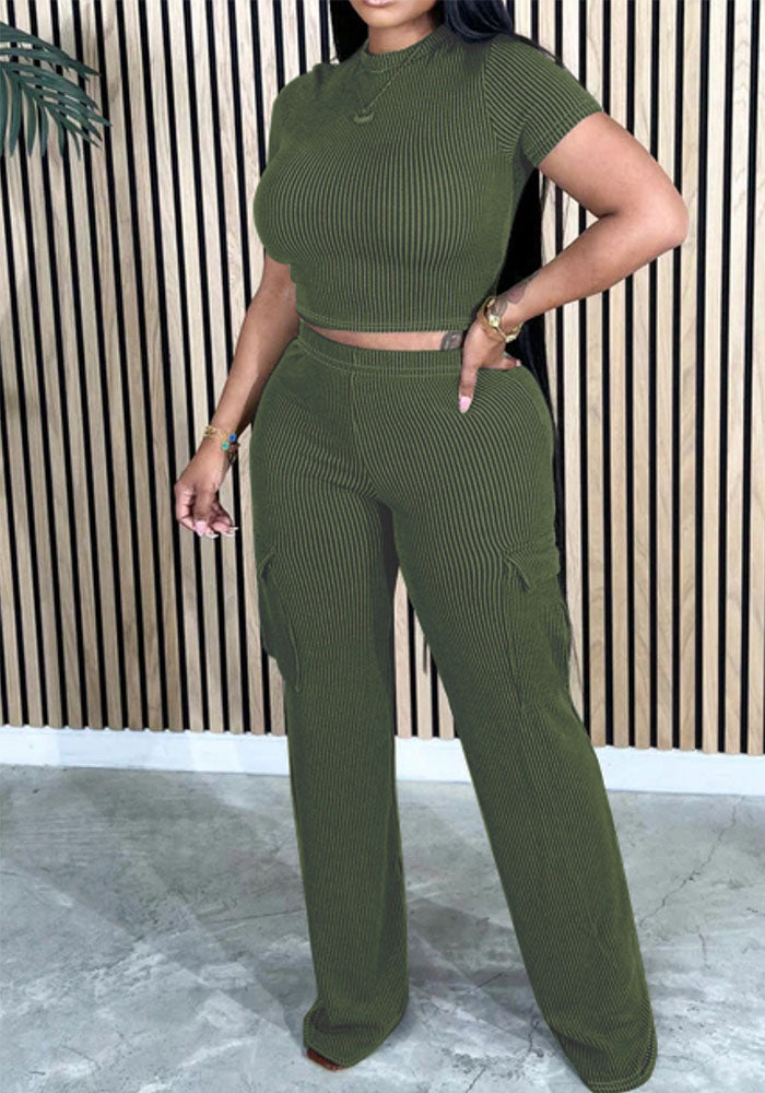 Women Casual Top and Pocket Pant Two-piece Set