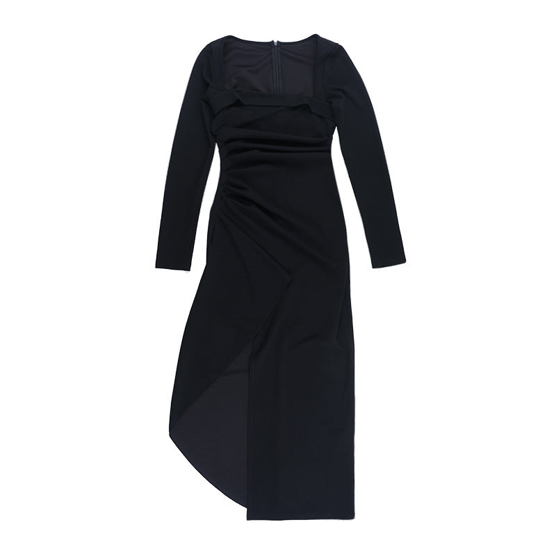 Women Square Neck Sexy Slit Ruffle Long Sleeve Maxi Dress 10