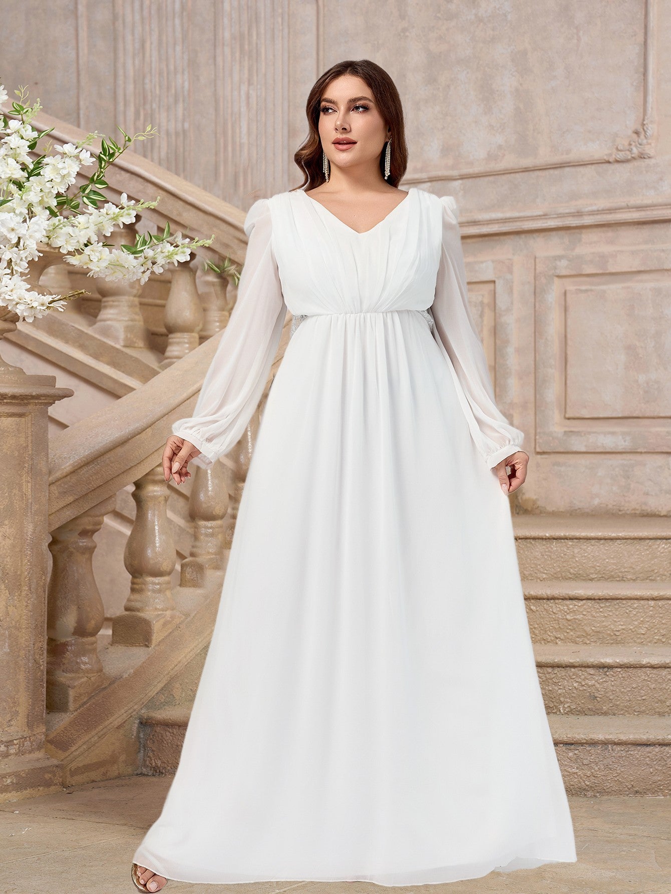 Plus Size Women Chiffon Long Sleeve V Neck Formal Party Dress 4