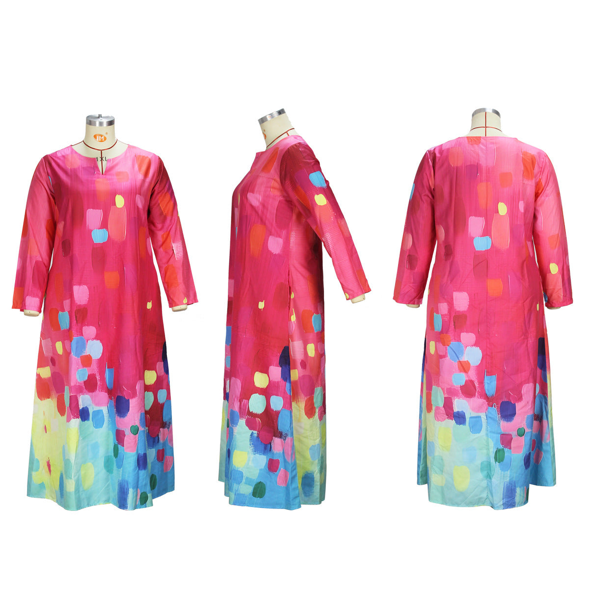 Women's Spring And Autumn Printed Fashion Chic V-Neck Loose Long-Sleeved Dress 13