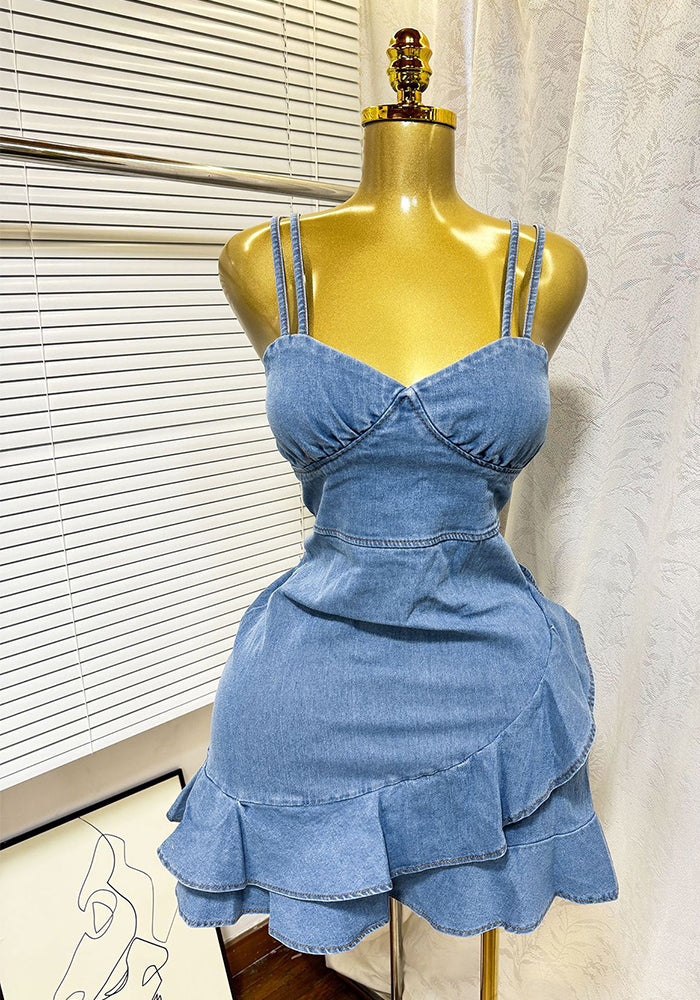 Women's Summer Elastic Slim Waist Sexy Denim Strap Ruffled Bodycon Short Dress