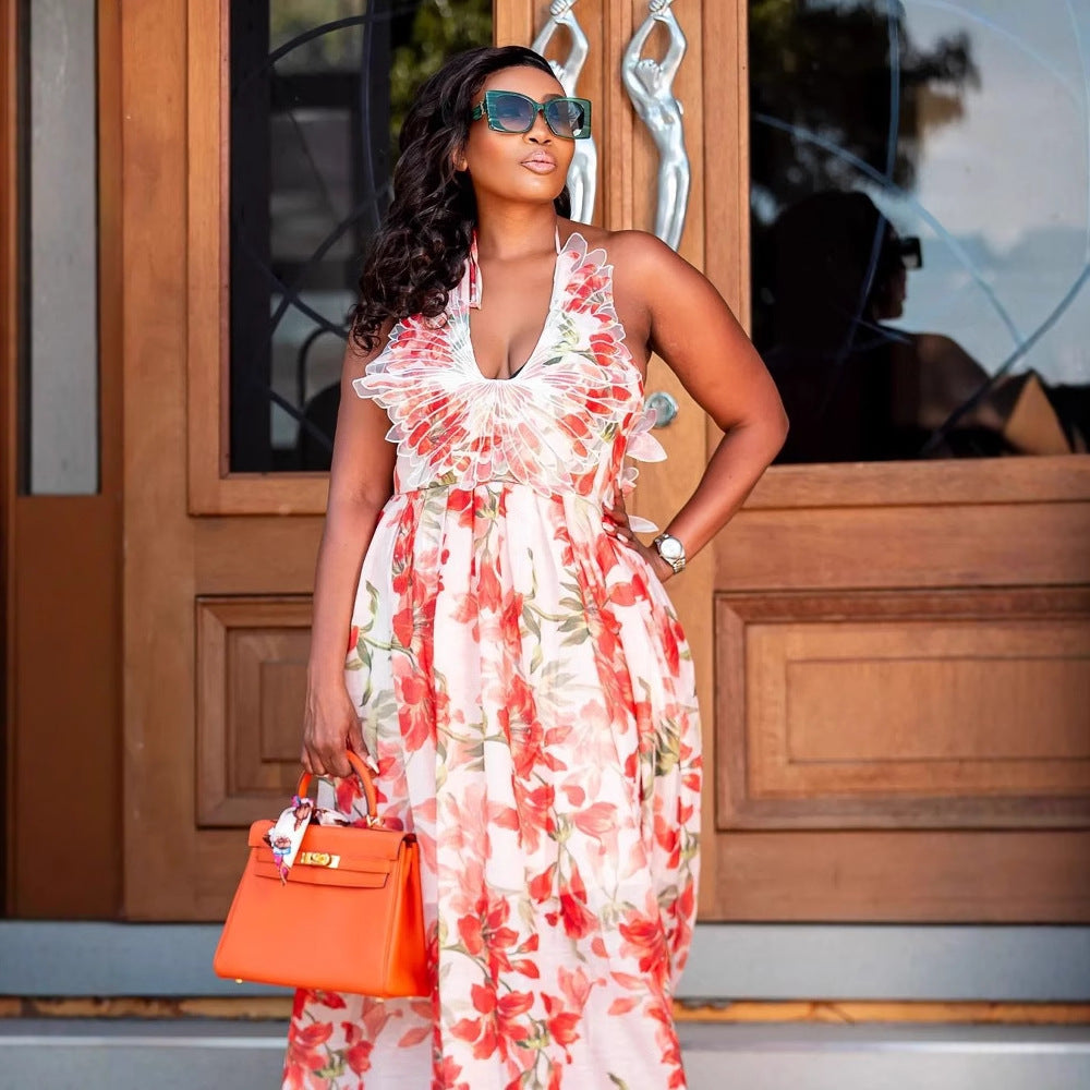 Women Beach Holidays Halter Neck Backless Floral Feather Dress 4