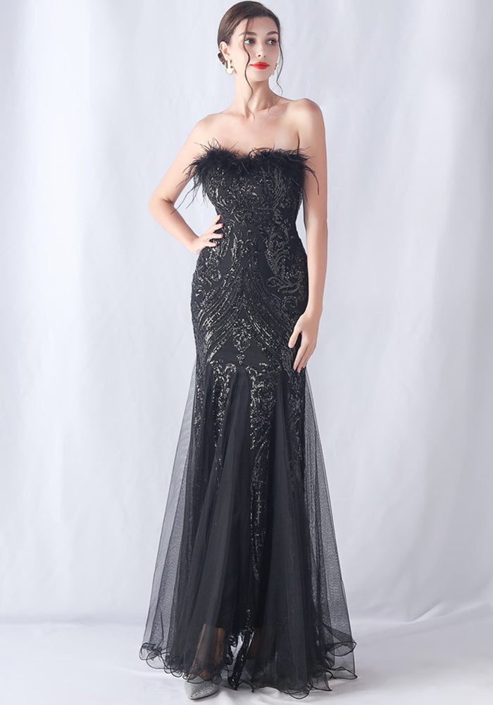 feather sequins mesh patchwork Strapless wedding party dress 11