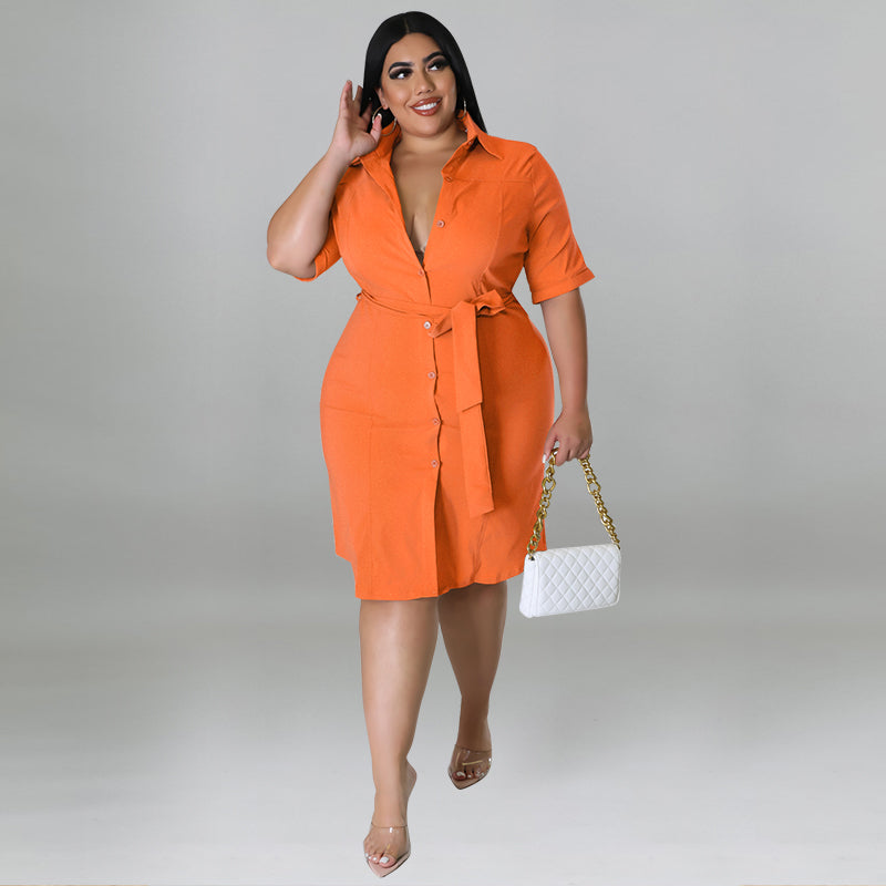 Plus Size Women Fall Solid Short Sleeve Shirt Dress 17