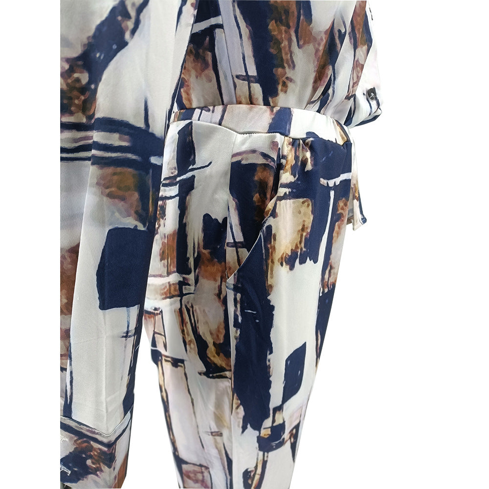 Glossy Irregular Printed Women's Shirt Pencil Pants Two Piece Set 10