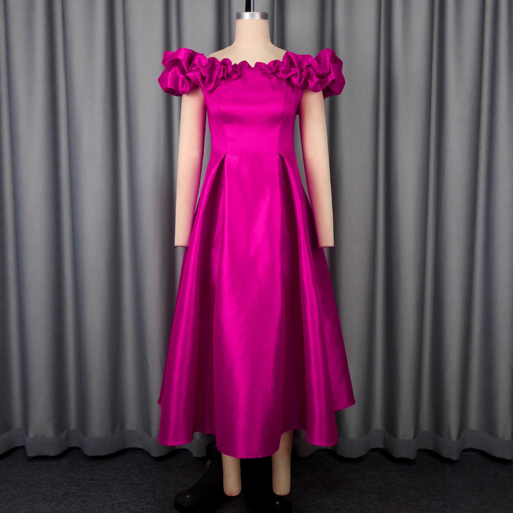 Sexy Off-Shoulder Ruffle Slim Waist A-Line Formal Party Wedding Bridesmaid Chic Midi Dress 3