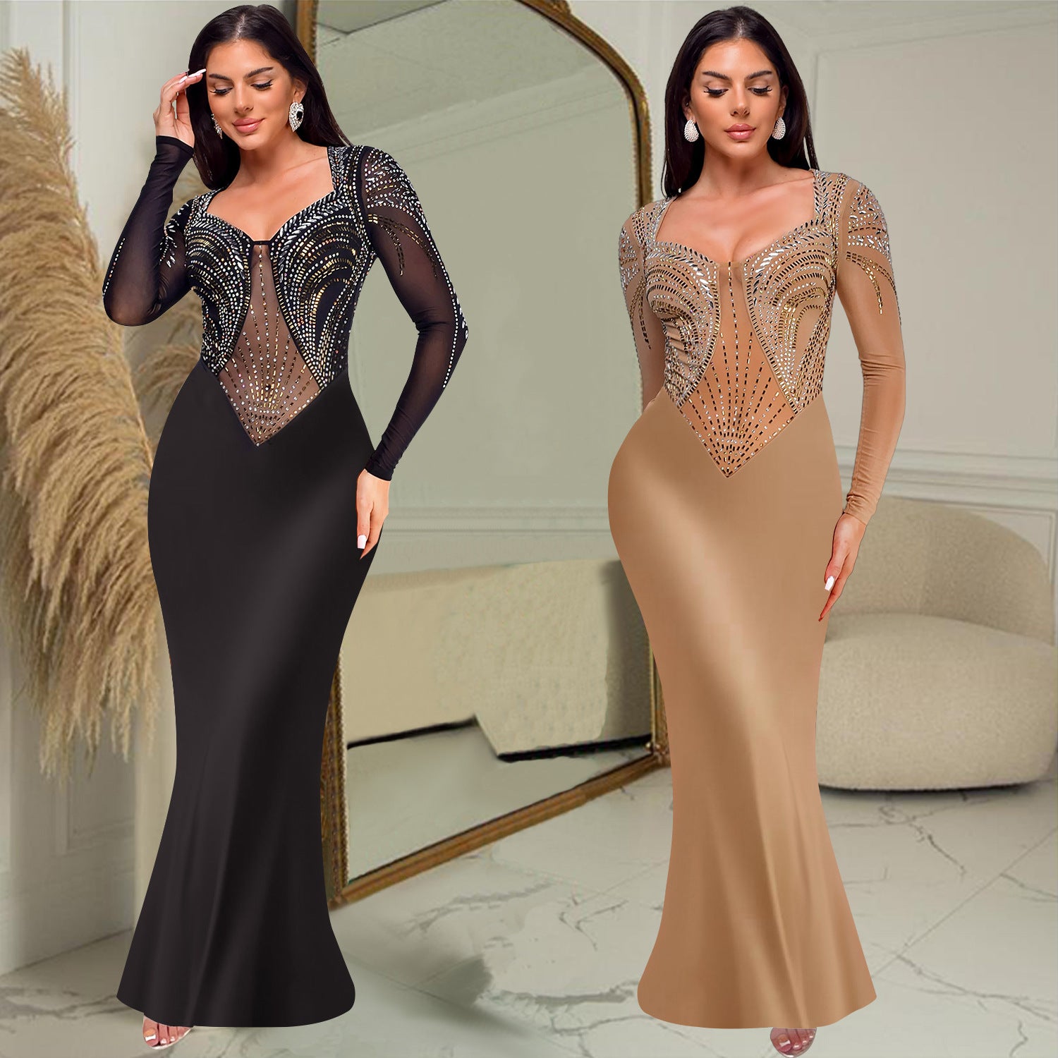 Women Beaded Solid long-sleeved dress 12