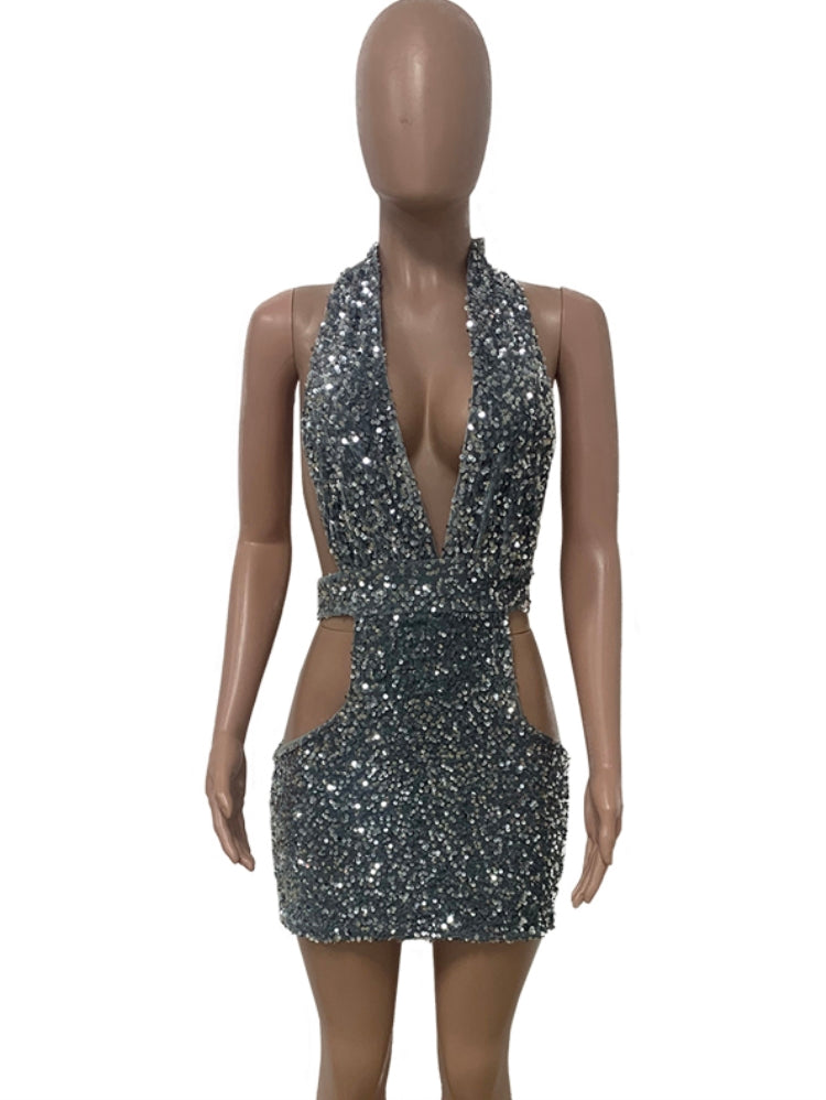 Autumn Silver Sequin Deep-V Backless Sexy Halter Mini Club Dress 4
