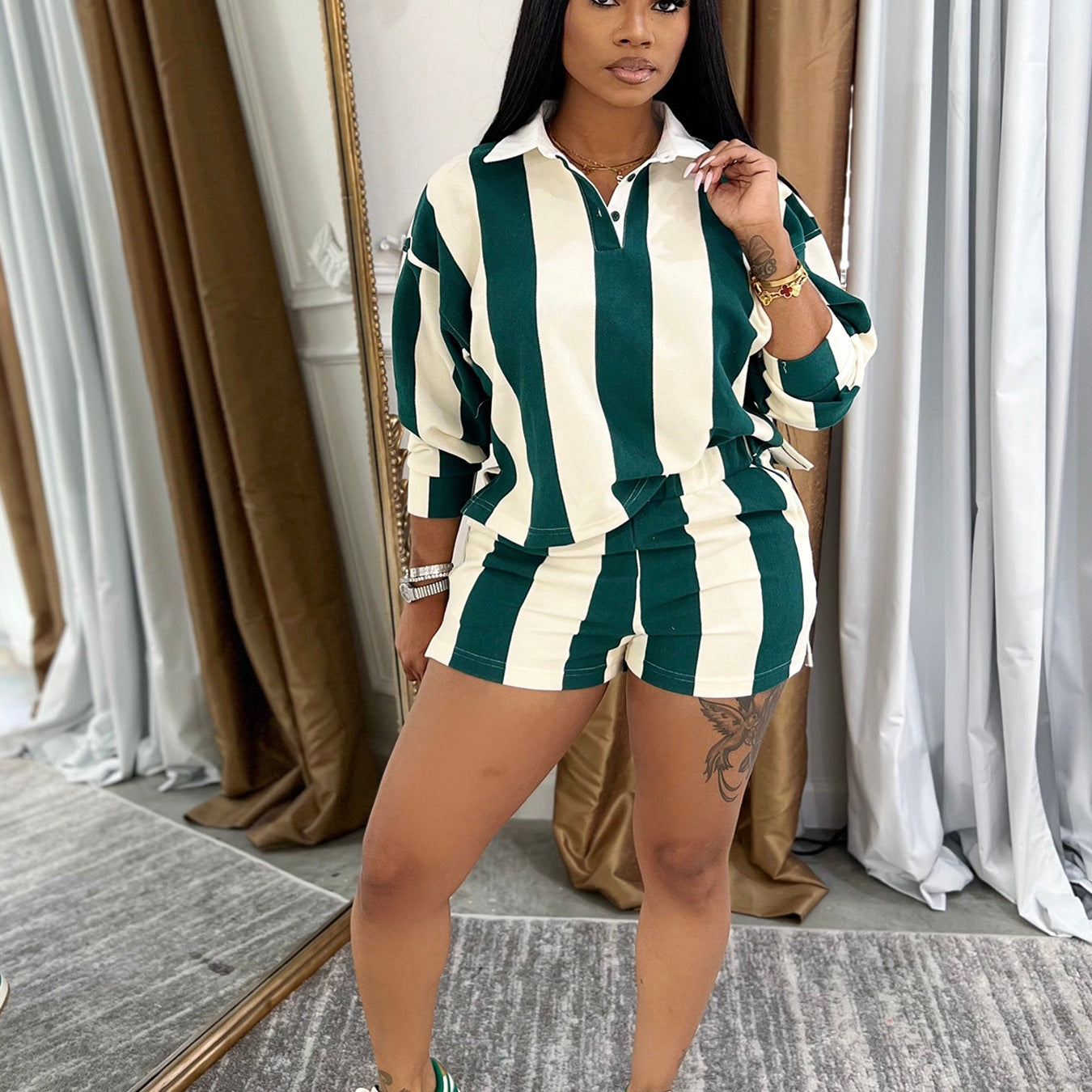 Women Summer Casual Striped Turndown Collar Top and Shorts Two-Piece Set 9