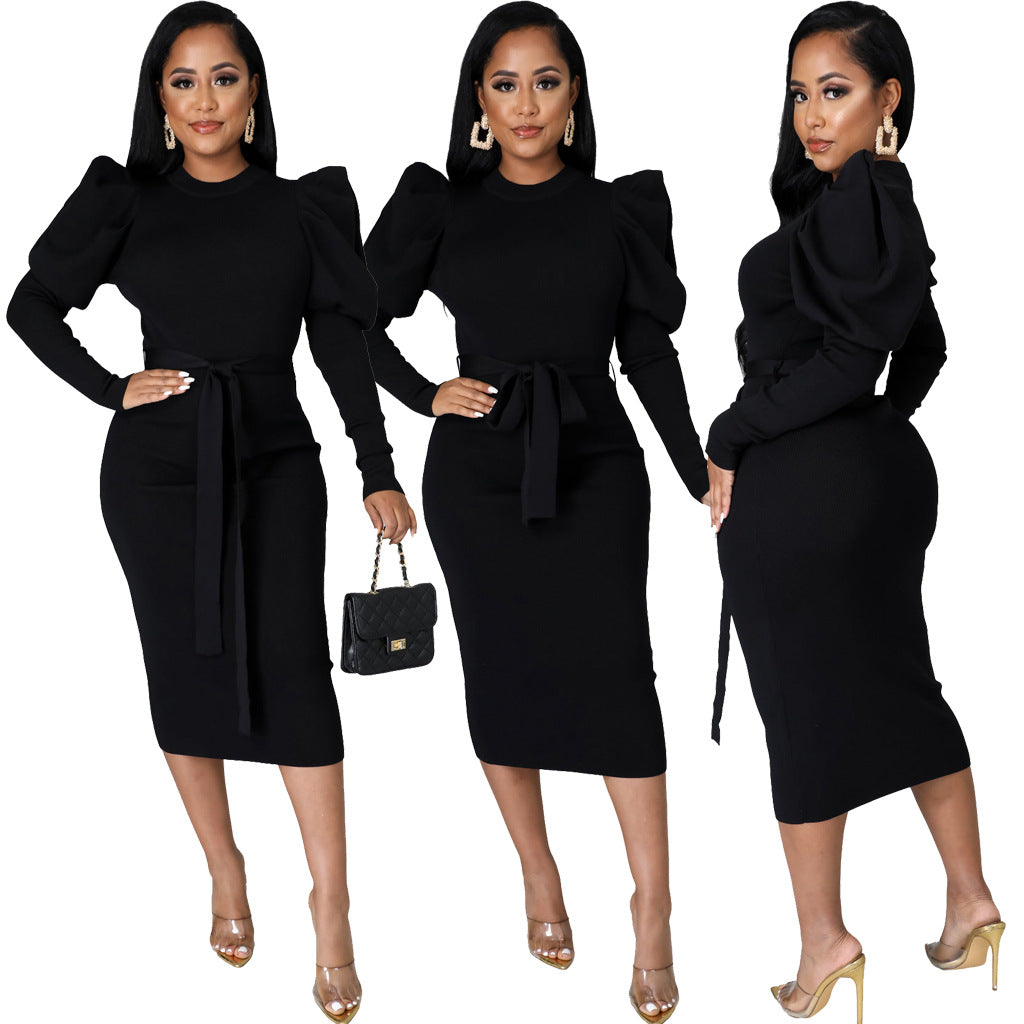 Sexy And Fashionable Solid Color Round Neck Slim Dress For Women