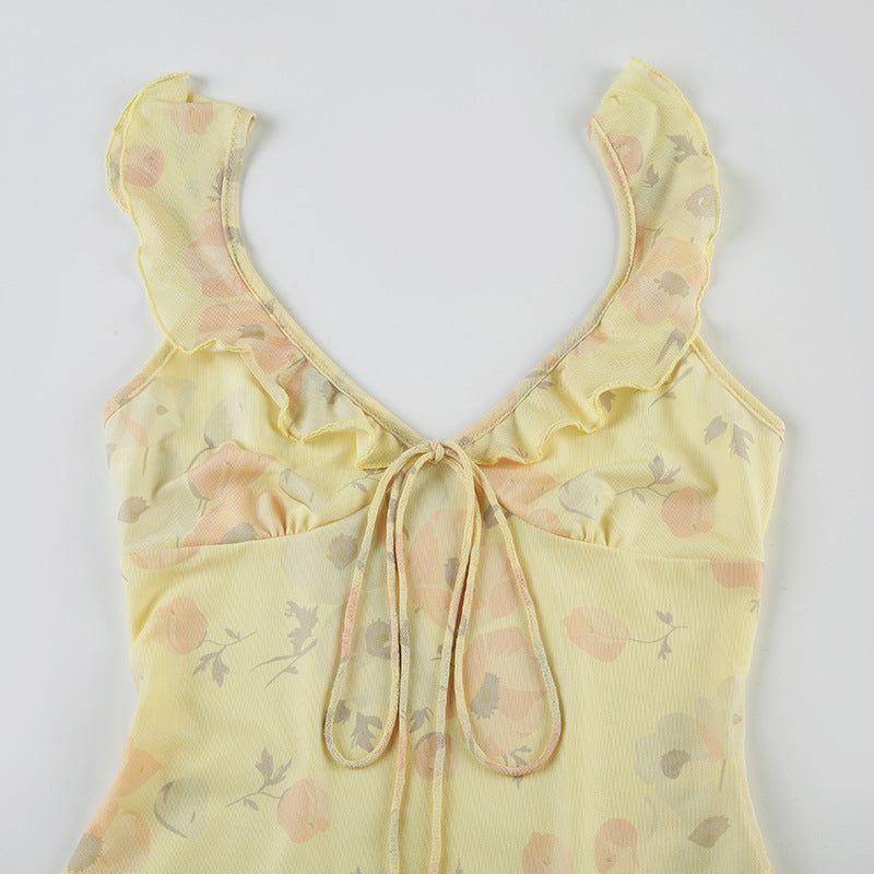 Chic Holidays Floral Strap Ruffle Sexy Flying Sleeve Long Dress 14