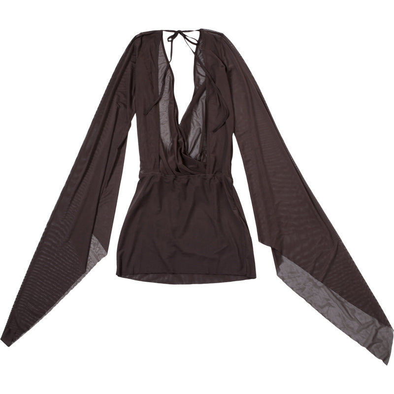 Spring Sexy Deep V See-Through Low Back Lace-Up Solid Mini Dress 17