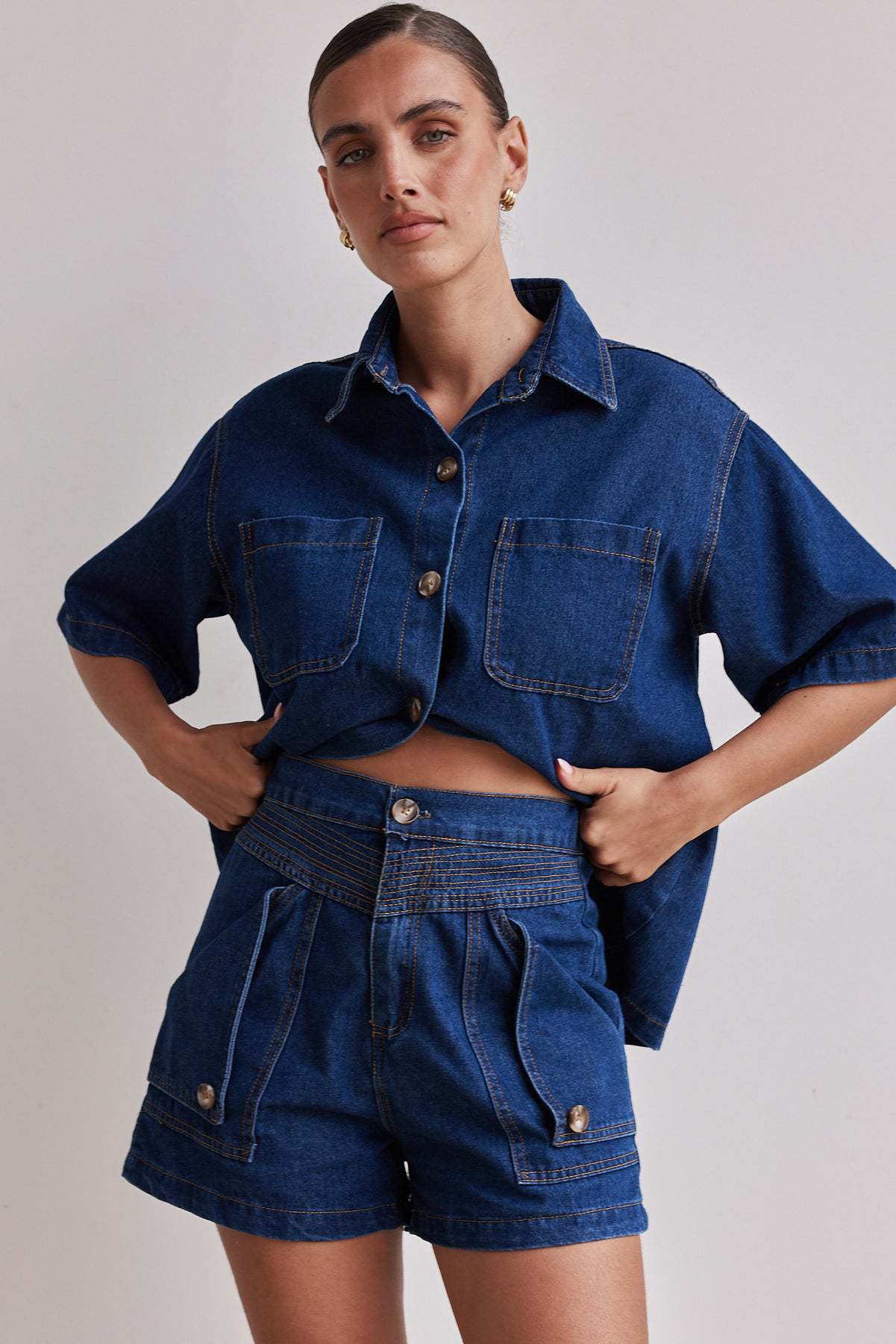 Summer Women's Casual Loose Denim Shirt Shorts Set 17