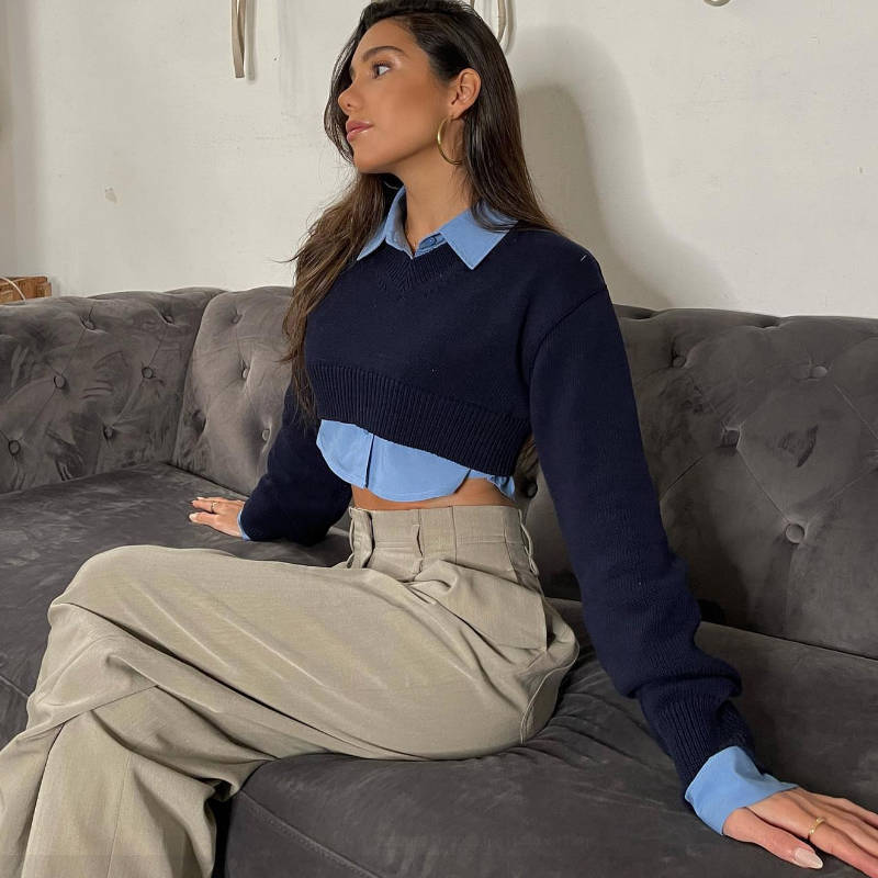 Women's Short Knitting Top Y2K Pullover V-Neck Crop Long Sleeve Top 5