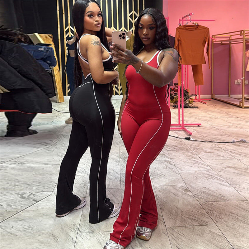 Summer Fashion Low Back Tight Fitting Contrast Color Slim Butt Lift Yoga Casual Jumpsuit for Women 5