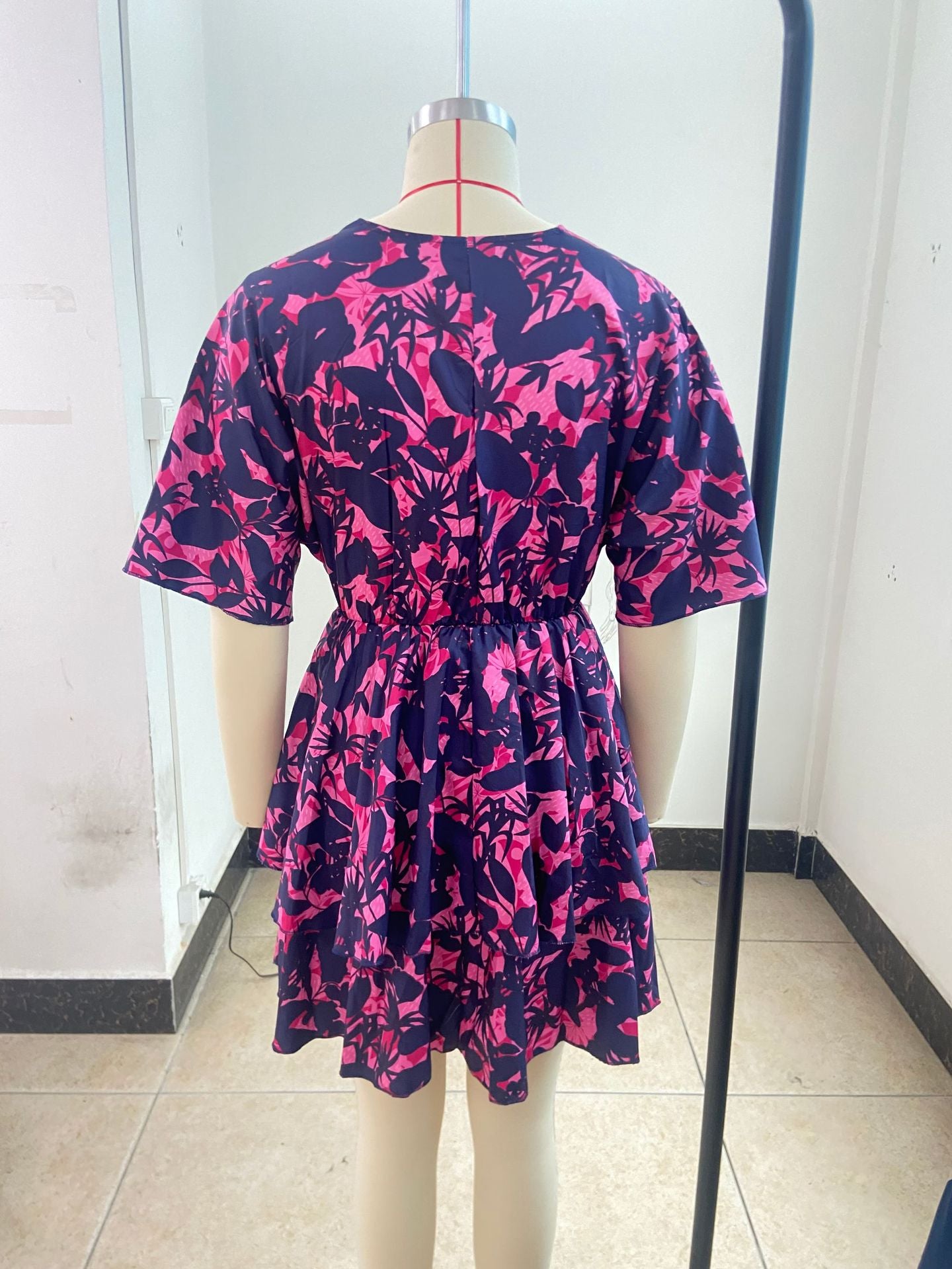 Autumn V-Neck Loose Bat Sleeves Print Dress Women's Clothing 26