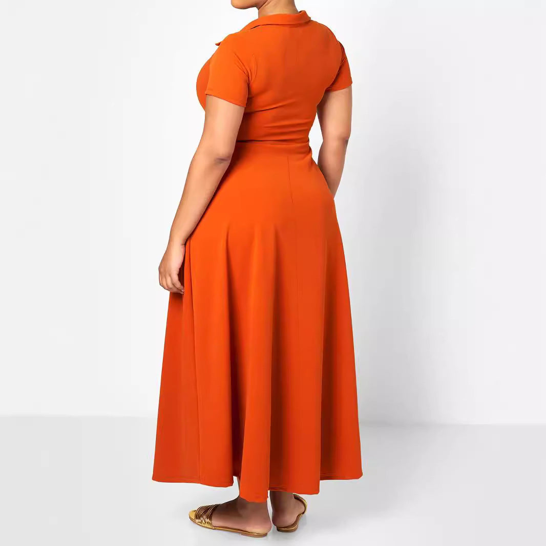 Women's Solid Color Turndown Collar Short Sleeve Loose Plus Size Dress 4