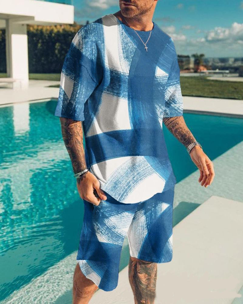 Men's Casual Colorblock Print Short Sleeve T-Shirt and Shorts Two-Piece Set 11