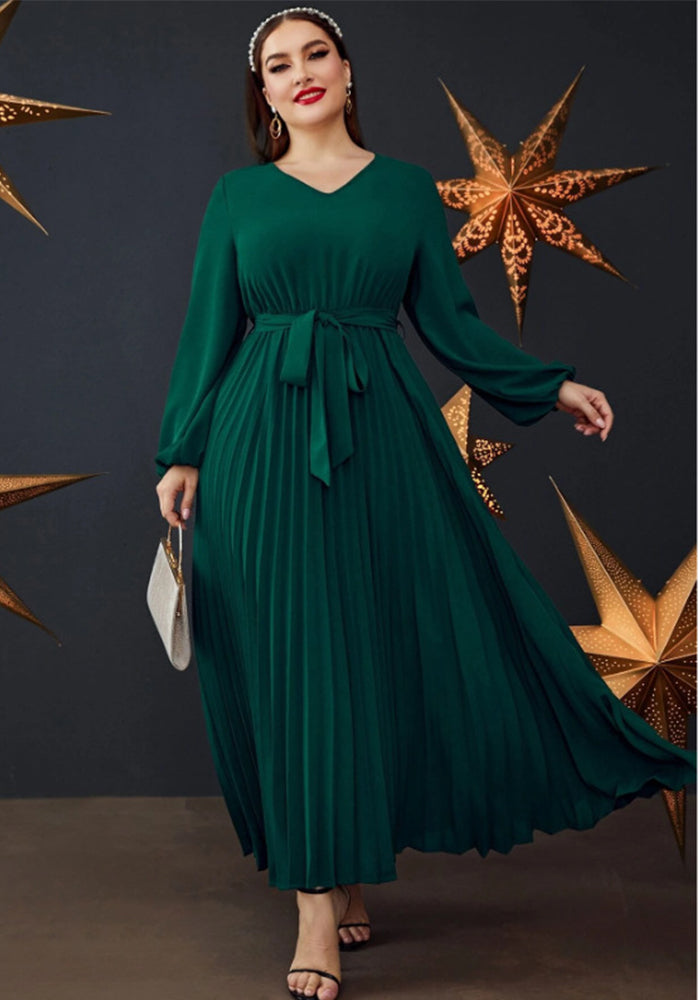 Fashion Solid Color V-Neck Long Sleeve Pleated Plus Size Dress