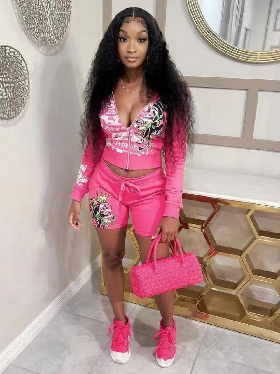 Women Retro Wing Print Casual Top and Shorts Two Piece Set 5