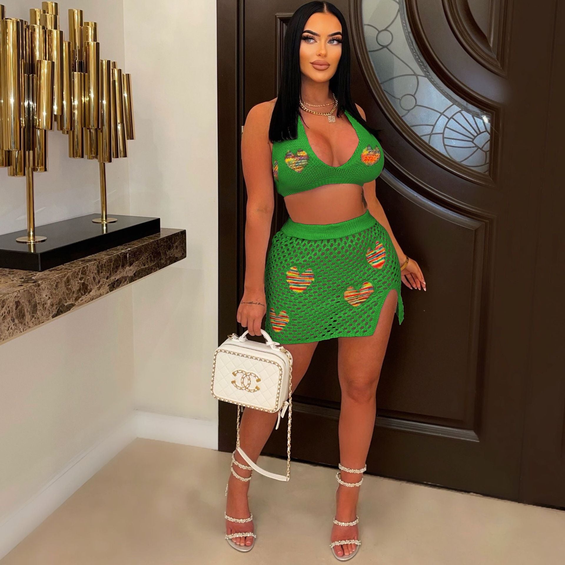 Women's Sexy Heart Print Jacquard Hollow Knitting Beach Fashion Two Piece Skirt Set 10