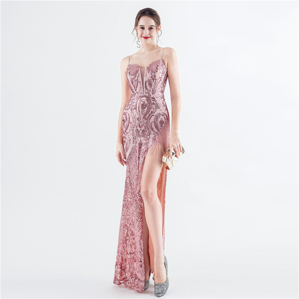 Bead Flower Sequin Elegant Herringbone Evening Dress 13