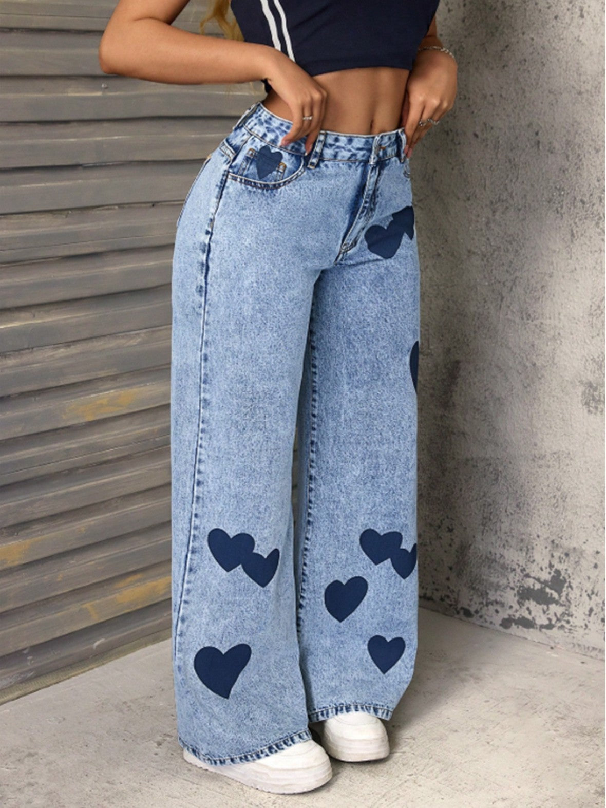 Loose Heart Print Women's Denim Pants 6