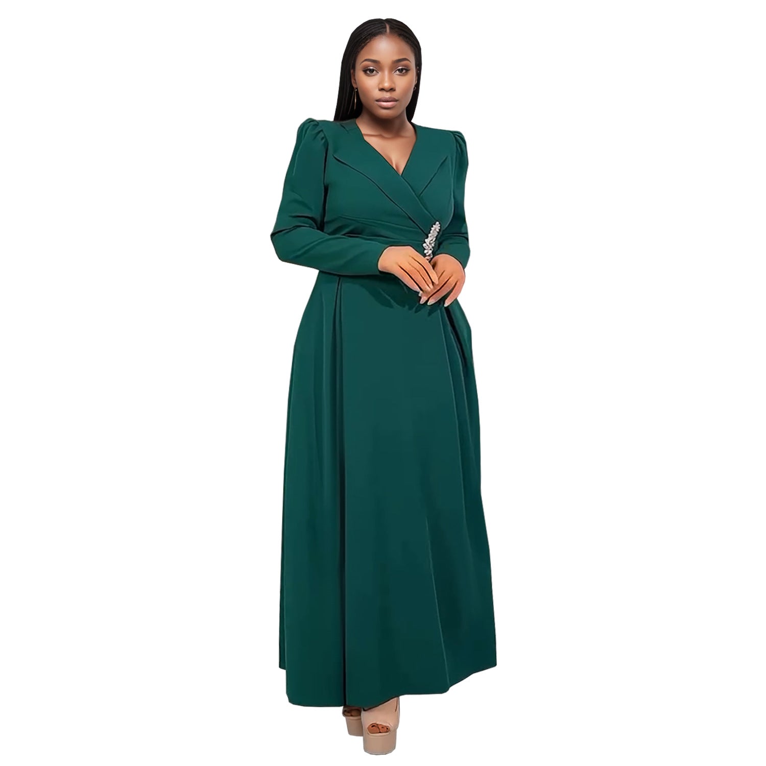 Women Cross Turndown Collar Long Sleeve Dress 14