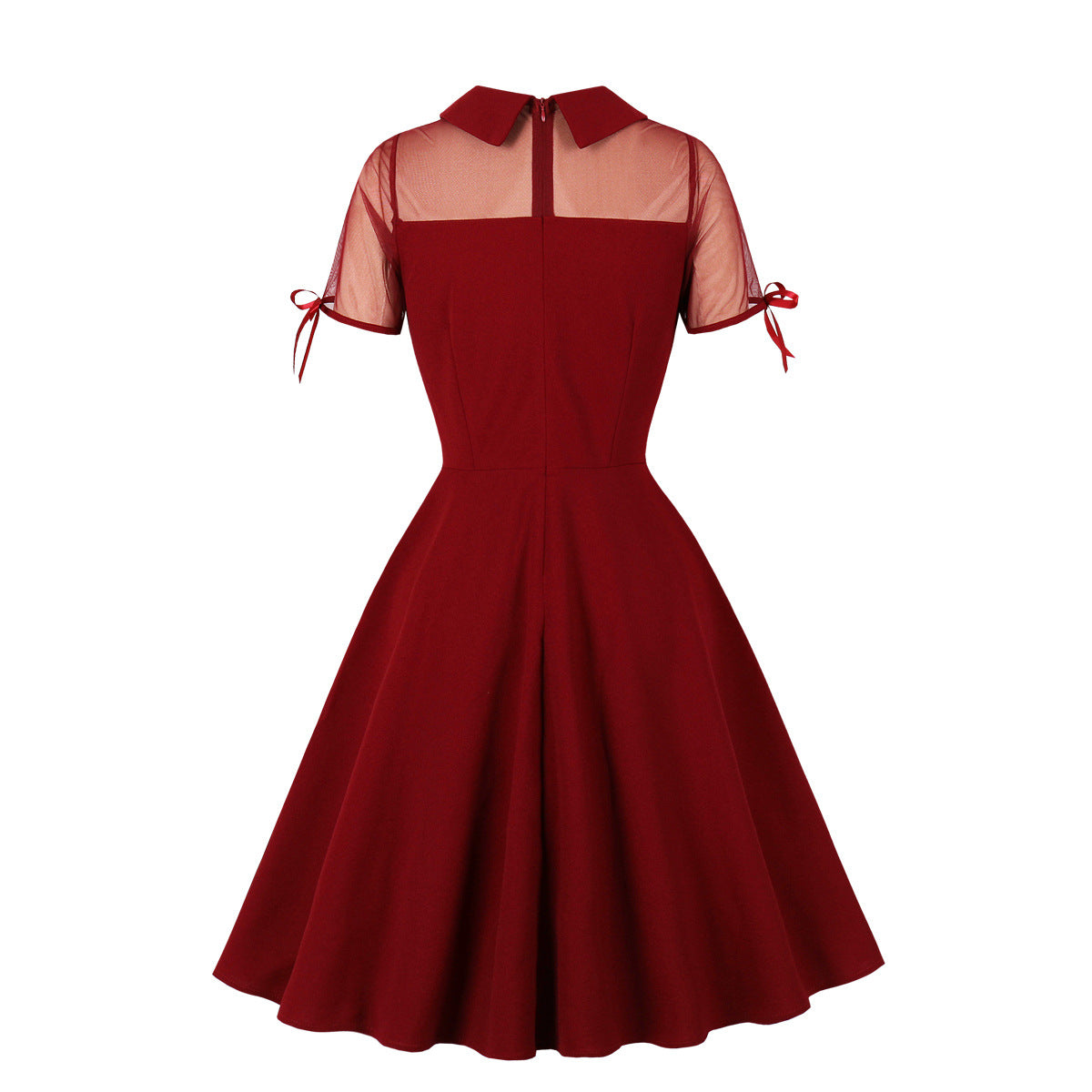 Women's Slim Waist Turndown Collar Bow Short Sleeve Chic Elegant A-Line Dress 22